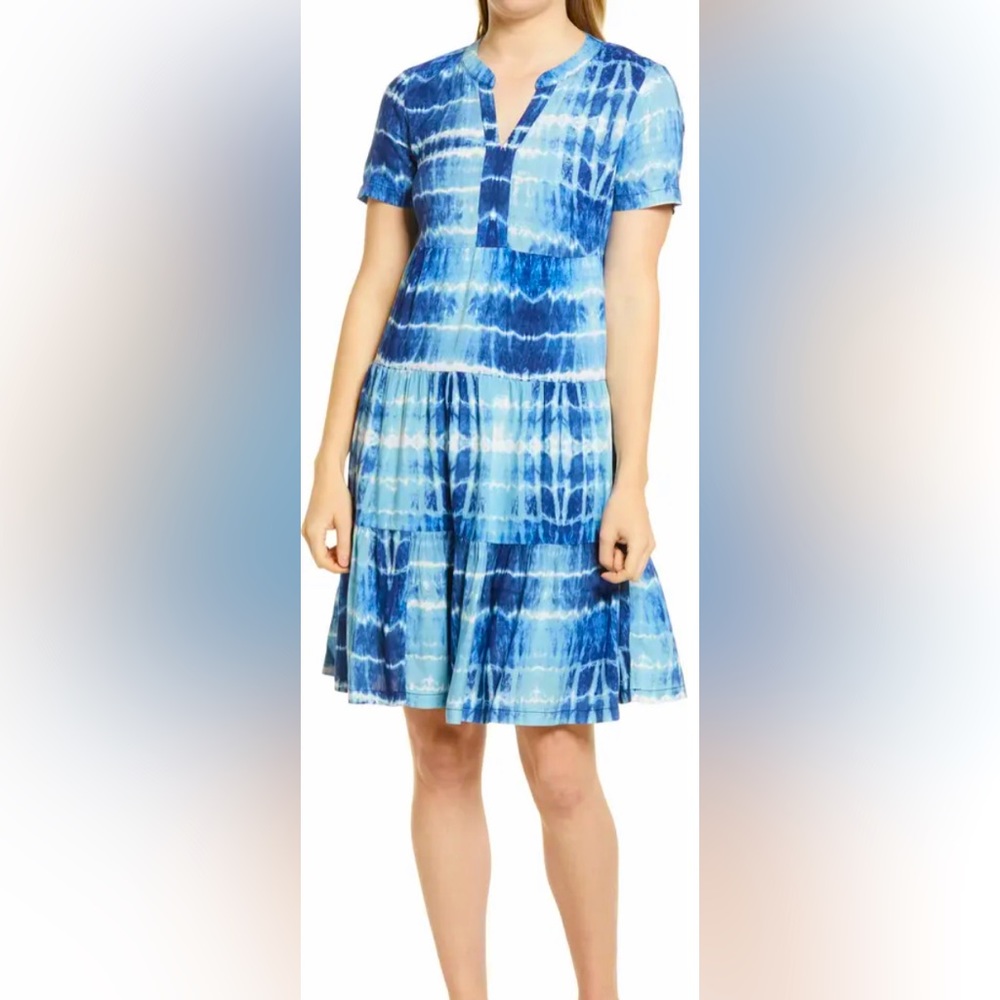 beachlunchlounge Coley Print Tiered Shift Dress Aegean Blue Batik Mini Dress B1